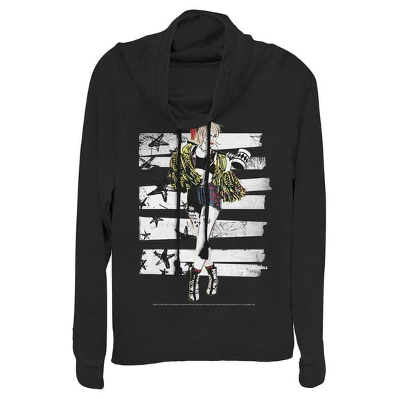 Junior's Birds of Prey Harley Quinn Comic Pose  Cowl Neck Sweatshirt Black 2X Large