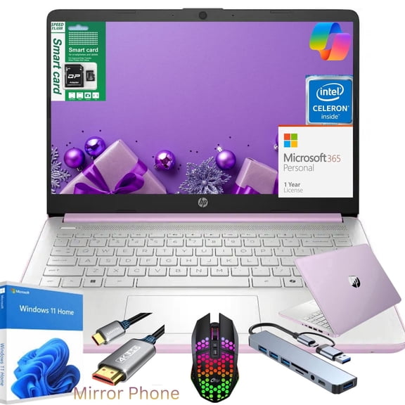 HP 14" N150 Laptop, Intel Quad-Core, 4GB RAM, 256GB Storage (128GB eMMC 128GB SD), Windows 11 Pro Copilot & 1 Year Microsoft Office 365, Ultra Thin Lightweight Lavender Notebook for Work and School