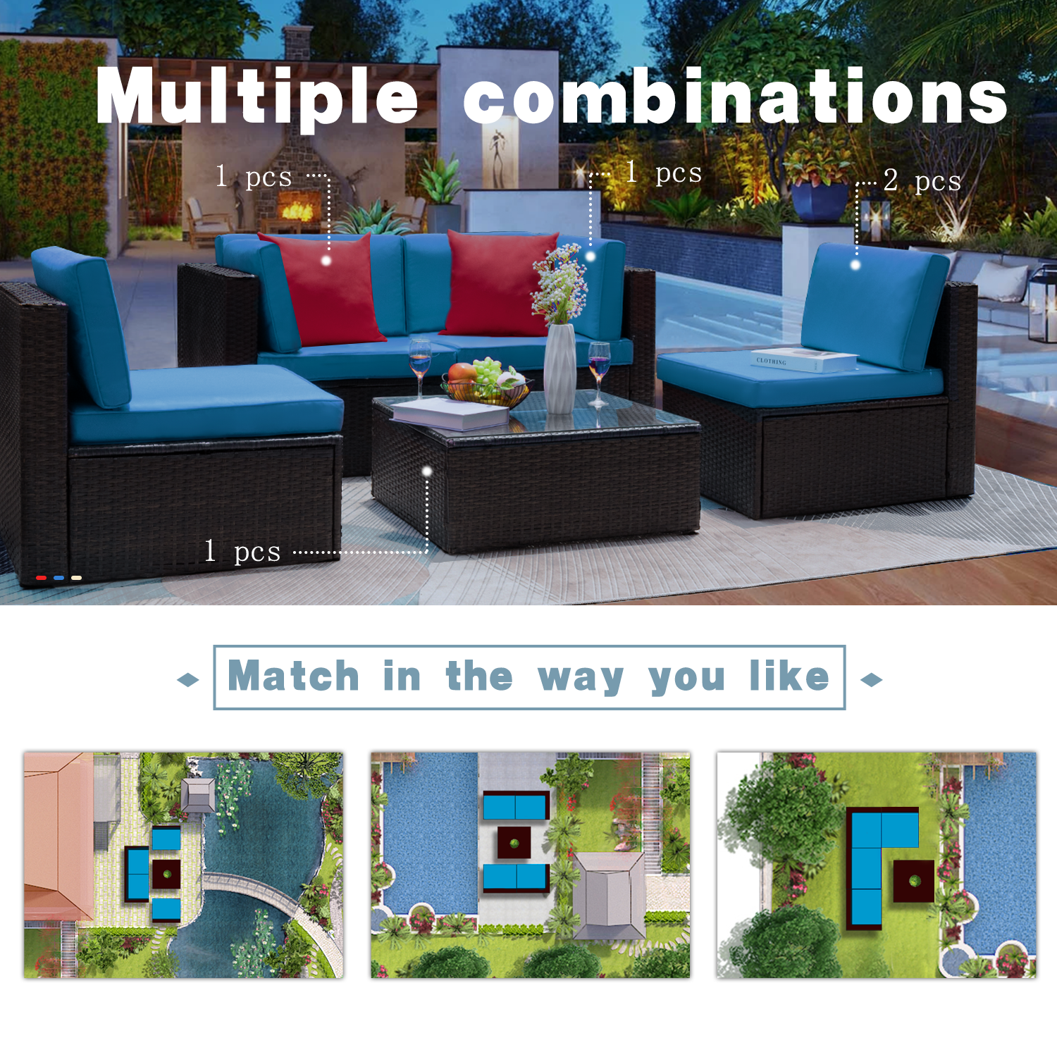 Lacoo 5 Pieces Patio Sectional Sofa Set All-Weather Wicker Rattan Conversation Sets with Glass Table, Blue - image 5 of 7