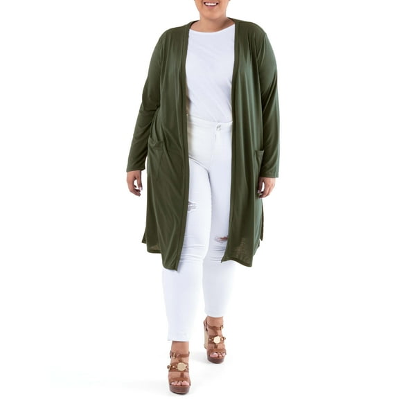 Wright's Women's Plus Size Long Sleeve Open Front Pocket Jersey Duster Cardigan, 1X-5X