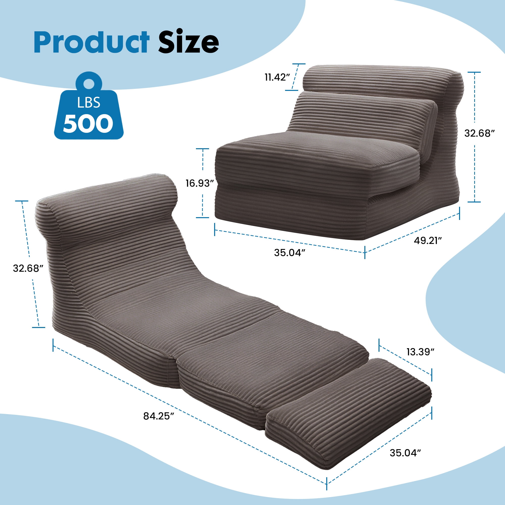 Gianna Convertible Folding Sofa Bed, Sleeper Chair with Backrest, Portable Fold Out Floor Lounger for Guest Room, Living Room, or Dorm, Taupe