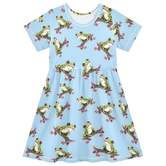 joogoo Frogs Playing Skateboard Girls' Short Sleeve Dress Kids Dresses 5-6T