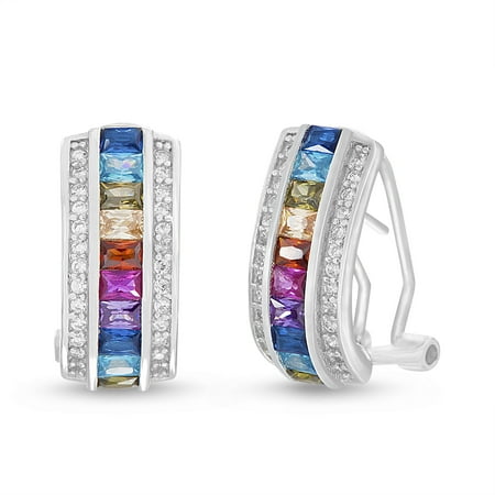 - Multicolored Cubic Zirconia Baguette Huggie Post Clip Earring in Sterling Silver