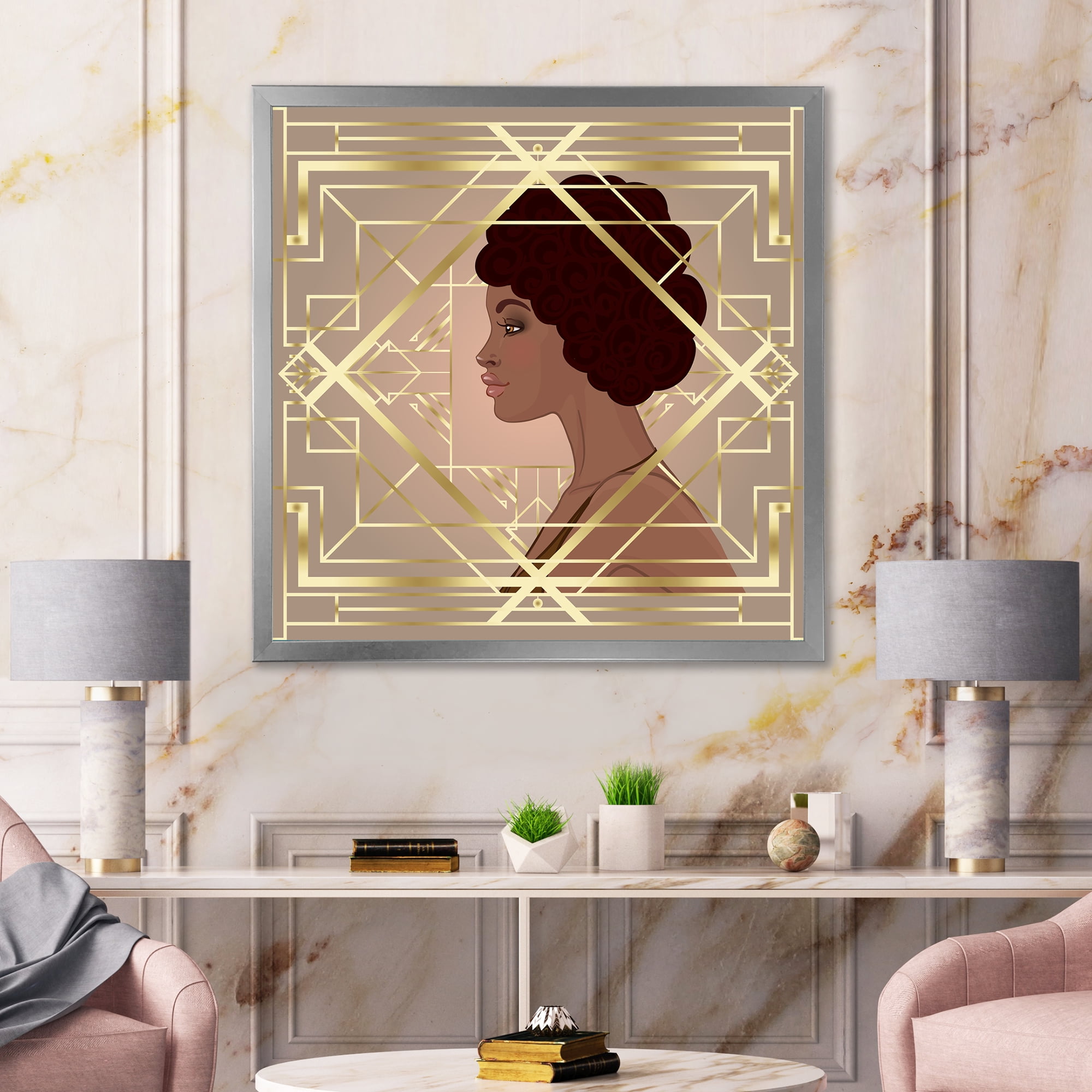 Designart 'Retro Girl In Golden Art Deco Geometrics II' Modern Framed Art Print