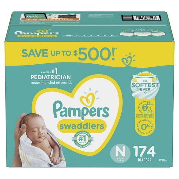 Pampers Swaddlers Diapers, Size N (Newborn up to first weeks), 174 pieces