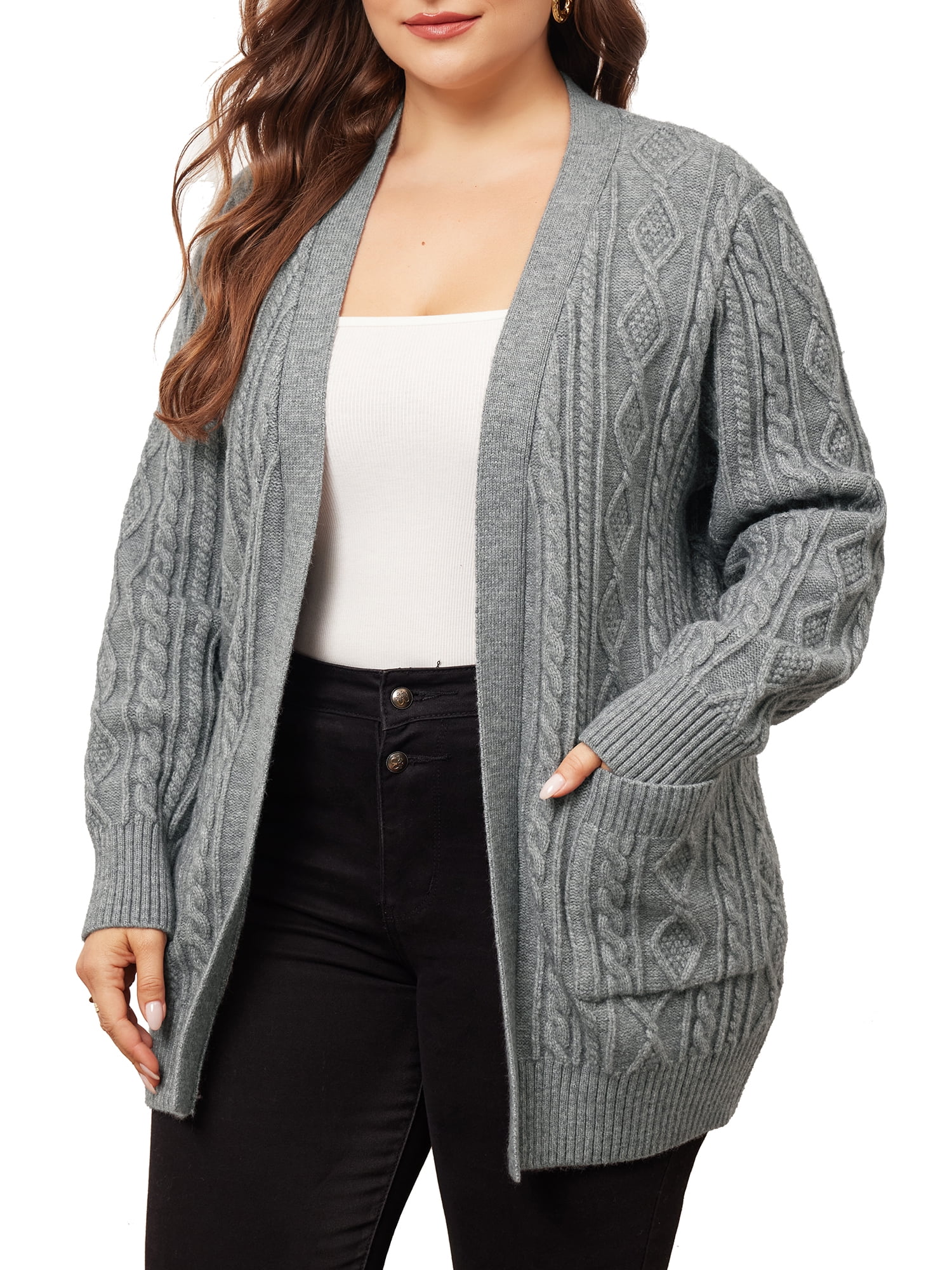 DARING DIVA Women's Plus Lightweight Long Sleeve Open Front Sweater 3X Gray