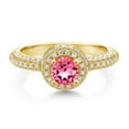 thumbnail image 2 of Gem Stone King 18K Yellow Gold Plated Silver Pink Topaz and White Moissanite Engagement Ring for Women (1.21 Cttw, Round 5MM, Available in Size 5, 6, 7, 8, 9), 2 of 6