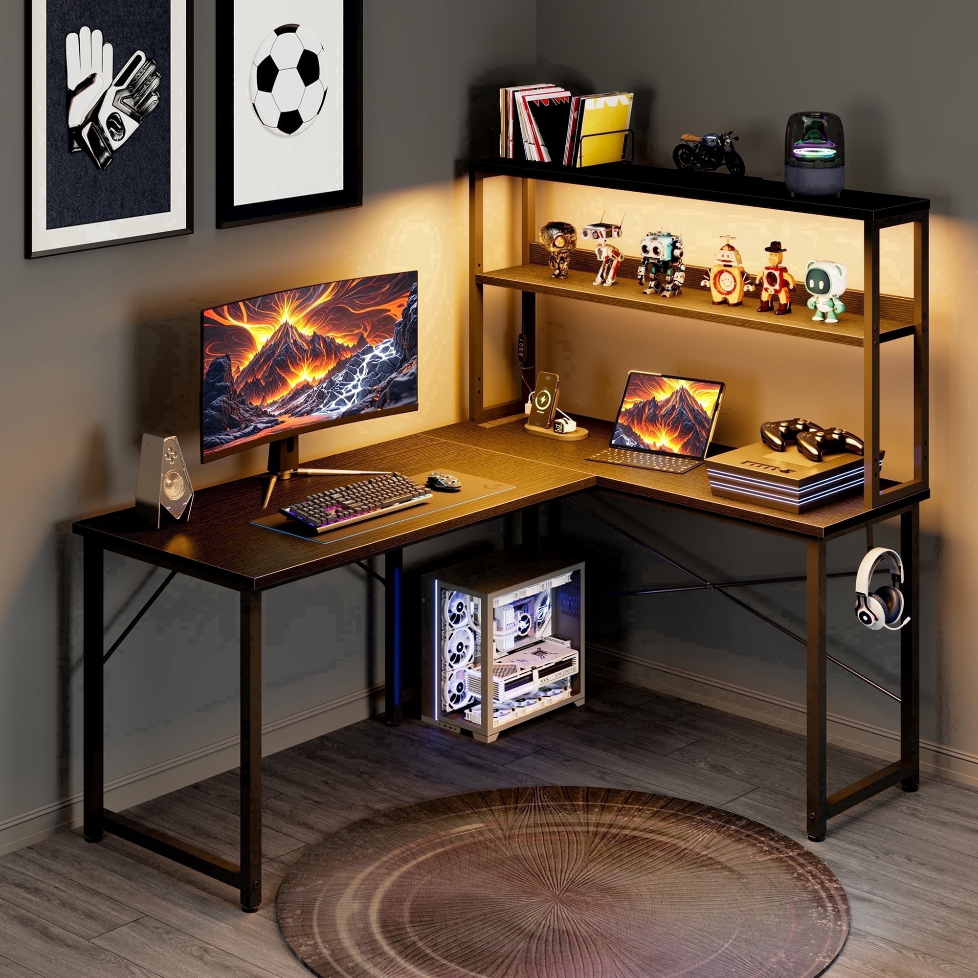 Casacomoda L Shaped Gaming desk, 43 Inch Computer Desk with Shelves, Reversible Display Shelf Corner Desk with Led Light & Charging Station, Black