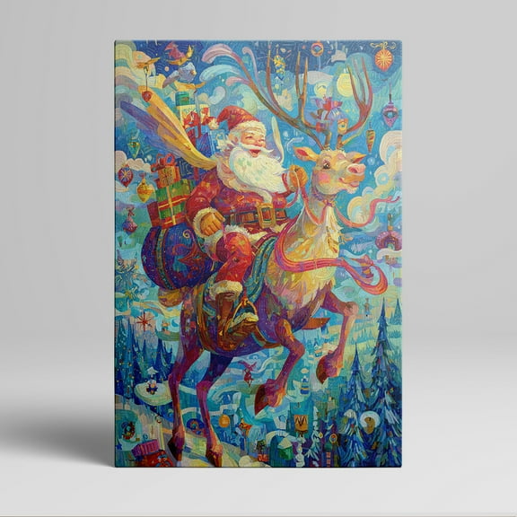 1pc Colorful Santa - Claus Riding Reindeer with Gifts Canvas Wall Art, framed Decor room hanging Wall Picture Decor for Home Gifts, living room, bathroom, bedroom, kitchen wall art decor canvas wall