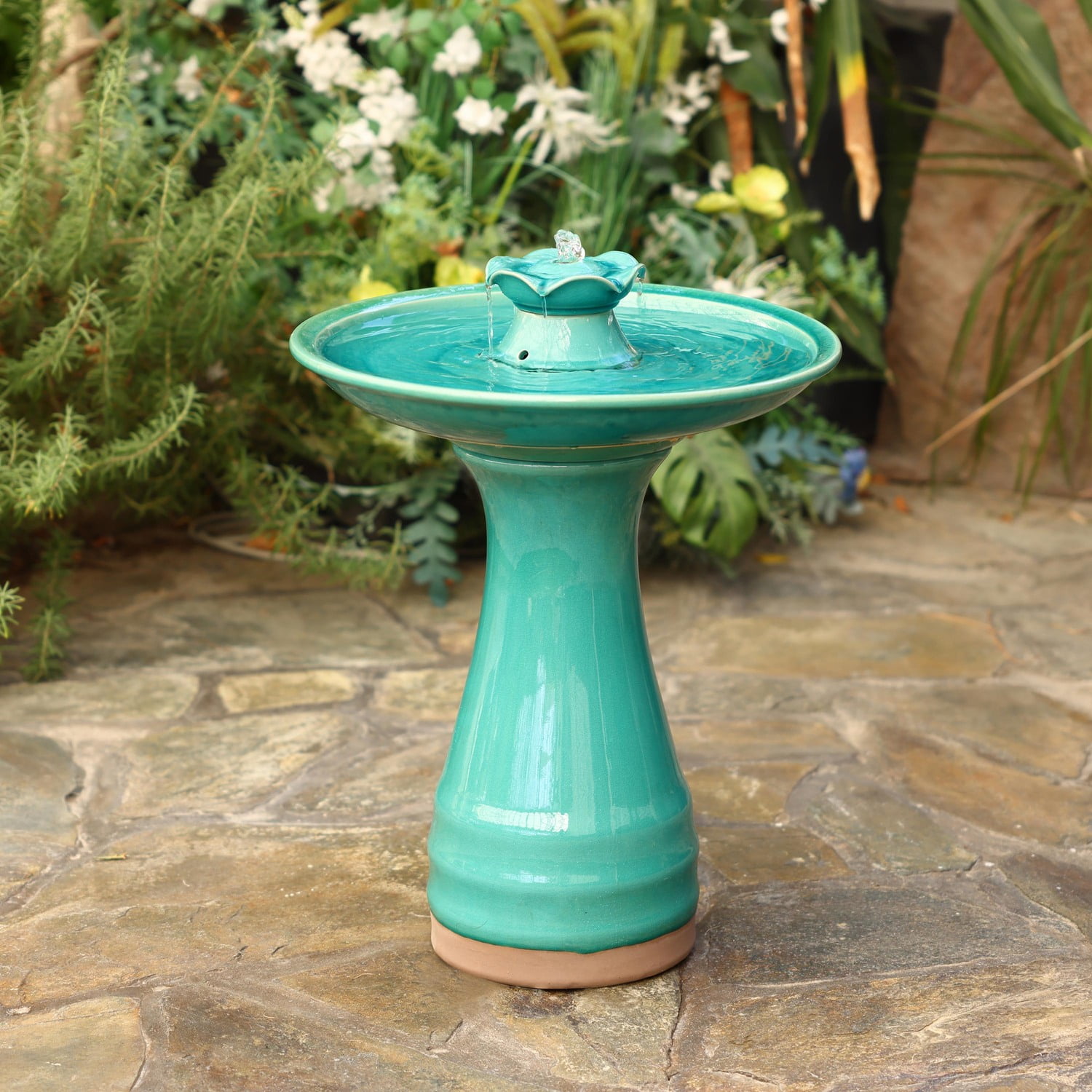 LuxenHome Aqua Glazed Ceramic 22-In Tall Outdoor Bird Bath