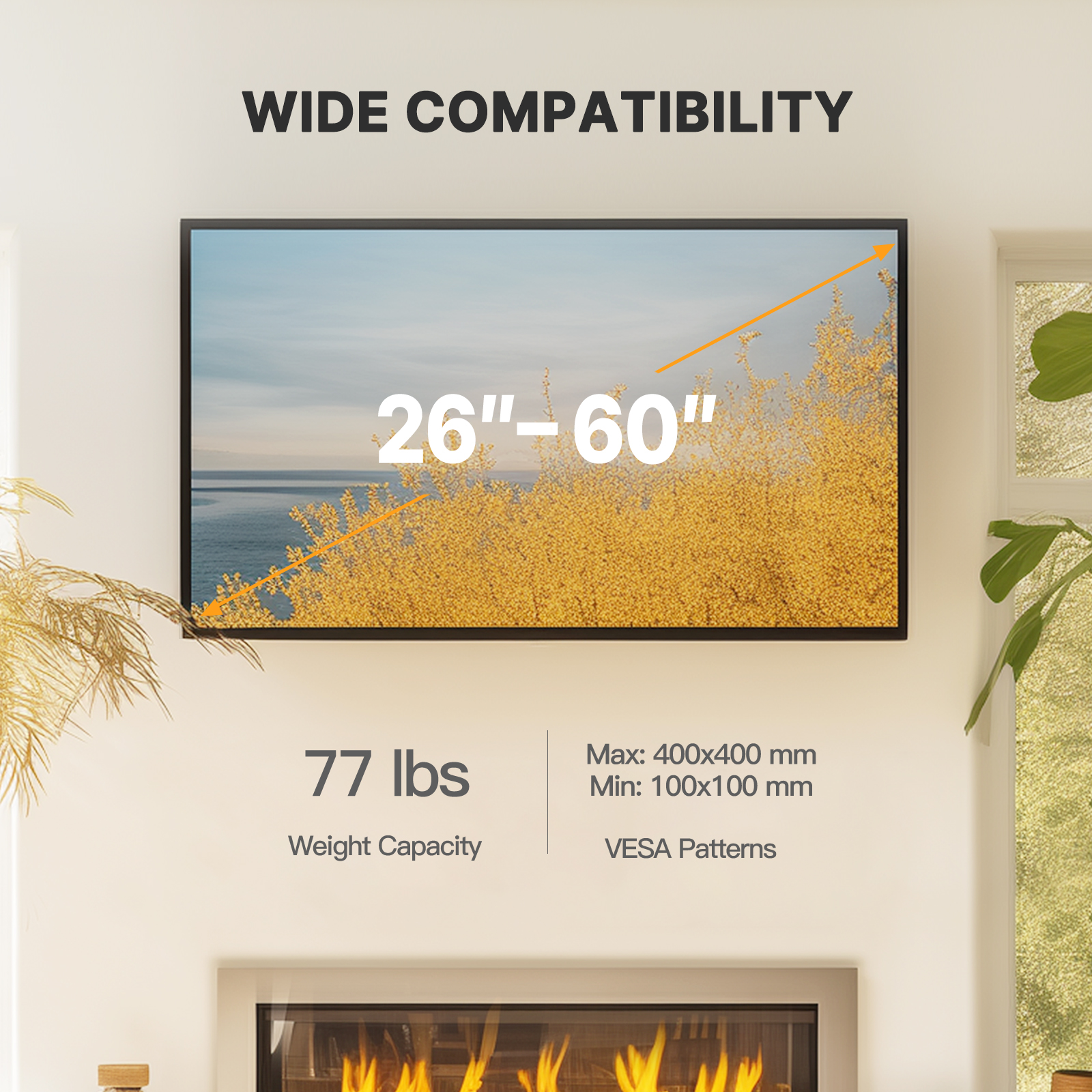 MountFTV Full Motion TV Wall Mount for 40  90 Inch Flat Curved TVs, Up to 132 lbs, 12"/16" Wood Studs, TV Stand with Tool-Free Tilt, Swivel, Extension,600 x 400mm