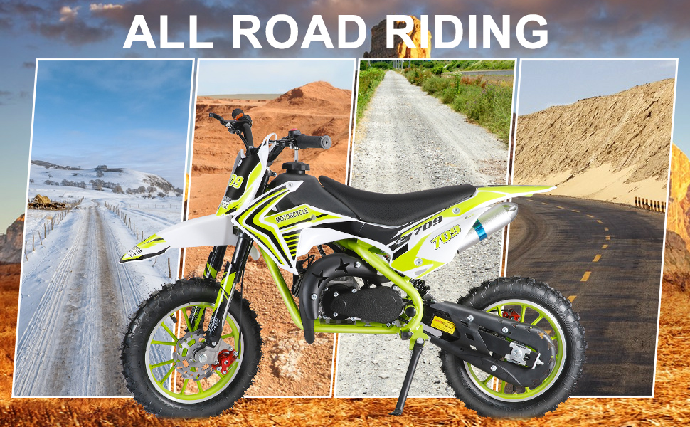 49CC Gas Dirt Bike with 30KM/H Speed, 10-Inch Off-Road Tires & Dual Disc Brakes, 150kg Capacity 2-Stroke Mini Motorcycle for Youth Beginner Riding.