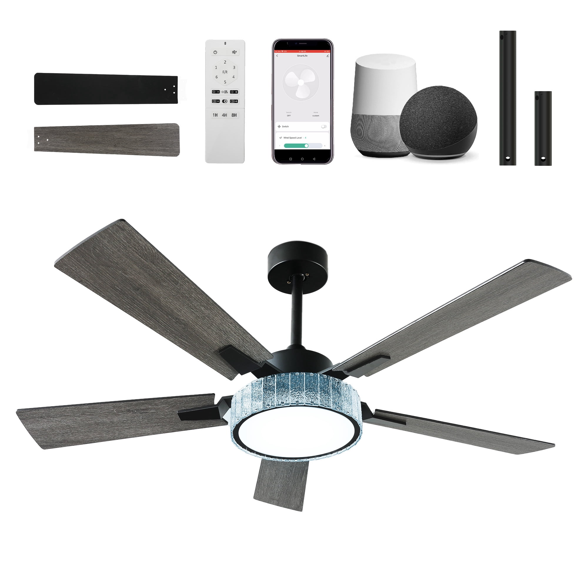 Uforic Farmhouse Ceiling Fans with Lights and Remote & App, 52 Inch Indoor Chandelier Black Ceiling Fan with Light & Compatible with Alexa