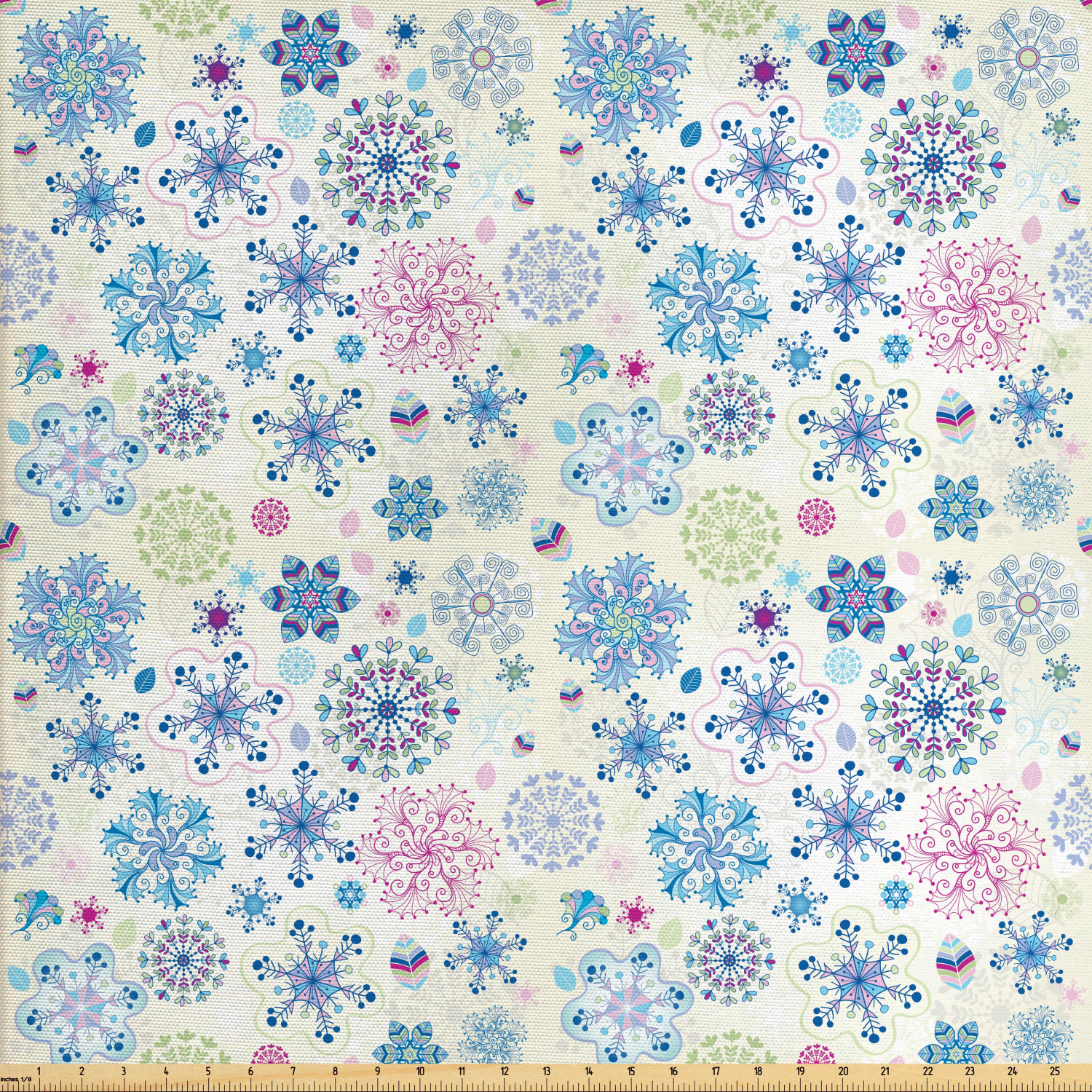 Snowflake Fabric by The Yard, Christmas Themed Abstract Winter Season Motifs and Leaves Colorful