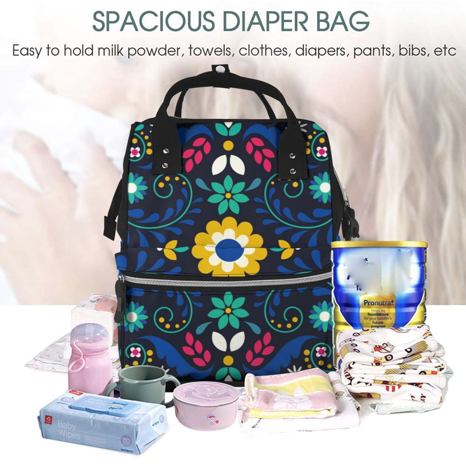 Ratiio Colorful Mexican Flower Mummy Backpack - Waterproof Twill Canvas, Large Capacity Diaper Bag with Multiple Pockets and Adjustable Straps