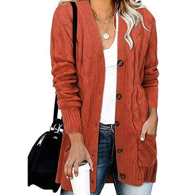Fashnice Ladies Outwear Open Front Coat Long Sleeve Cardigan Sweater Loose Work Jacket Rust Red 3XL