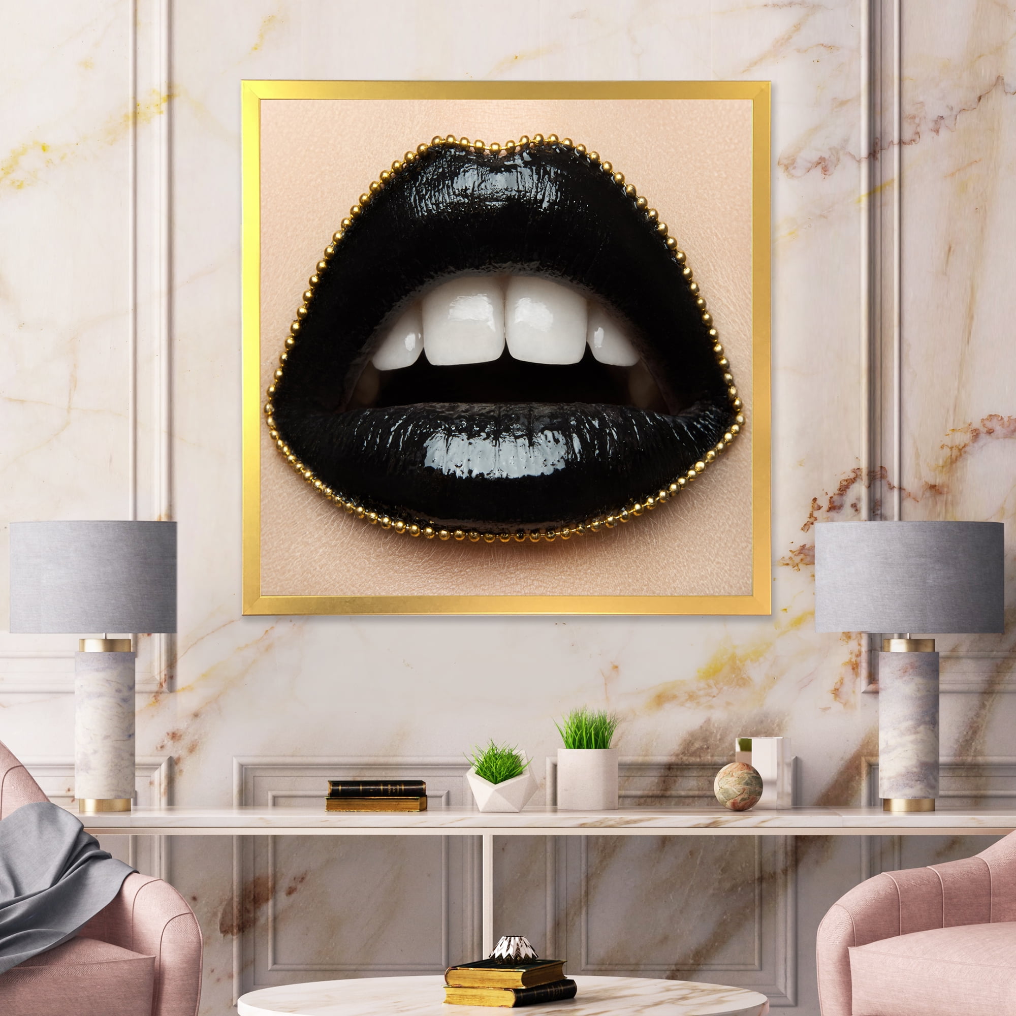 Designart 'Woman Lips With Black Lipstick & A Gold Chain' Modern Framed Art Print