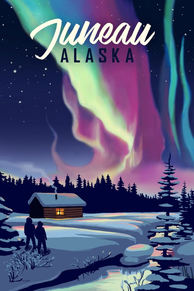 Juneau, Alaska, Northern Lights and Cabin, Two People (12x18 Wall Art