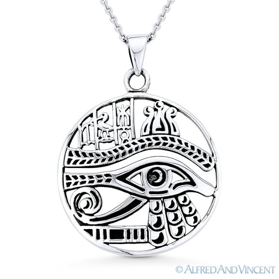 Eye of Horus Egyptian Luck Charm Pendant & Chain Necklace in Oxidized .925 Sterling Silver