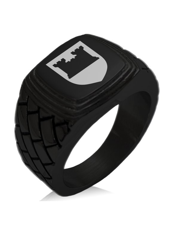 Stainless Steel Castle Protection Coat of Arms Shield Geometric Pattern Step-Down Biker Style Polished Ring