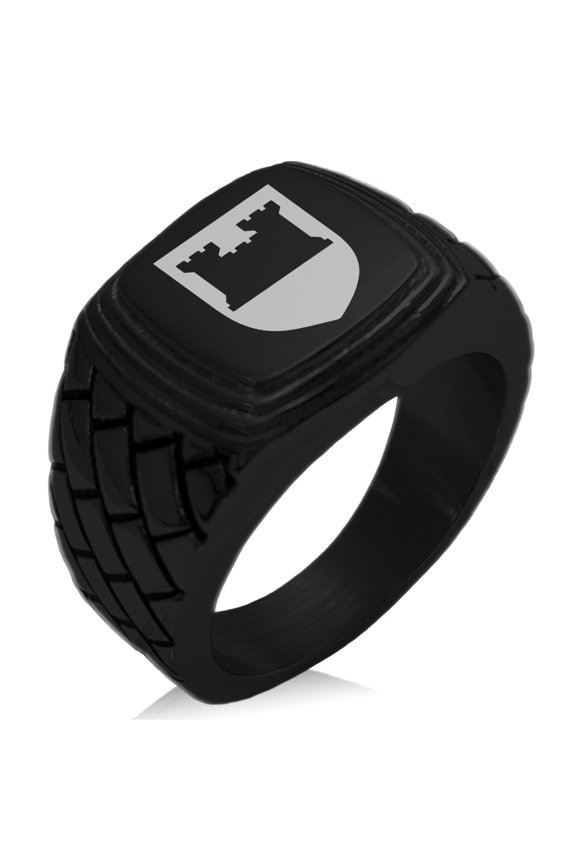 Stainless Steel Castle Protection Coat of Arms Shield Geometric Pattern Step-Down Biker Style Polished Ring