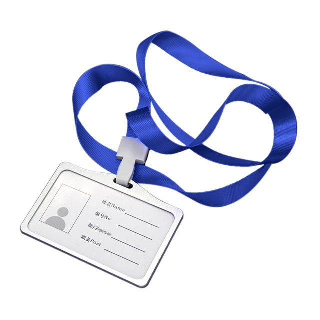 Horizontal Aluminum Alloy ID Card Holder with Royal Blue Lanyard - Ultra-Thin Lightweight Work Badge Case for Office, Hospital, Factory, School - Smooth Texture Round Corner Design