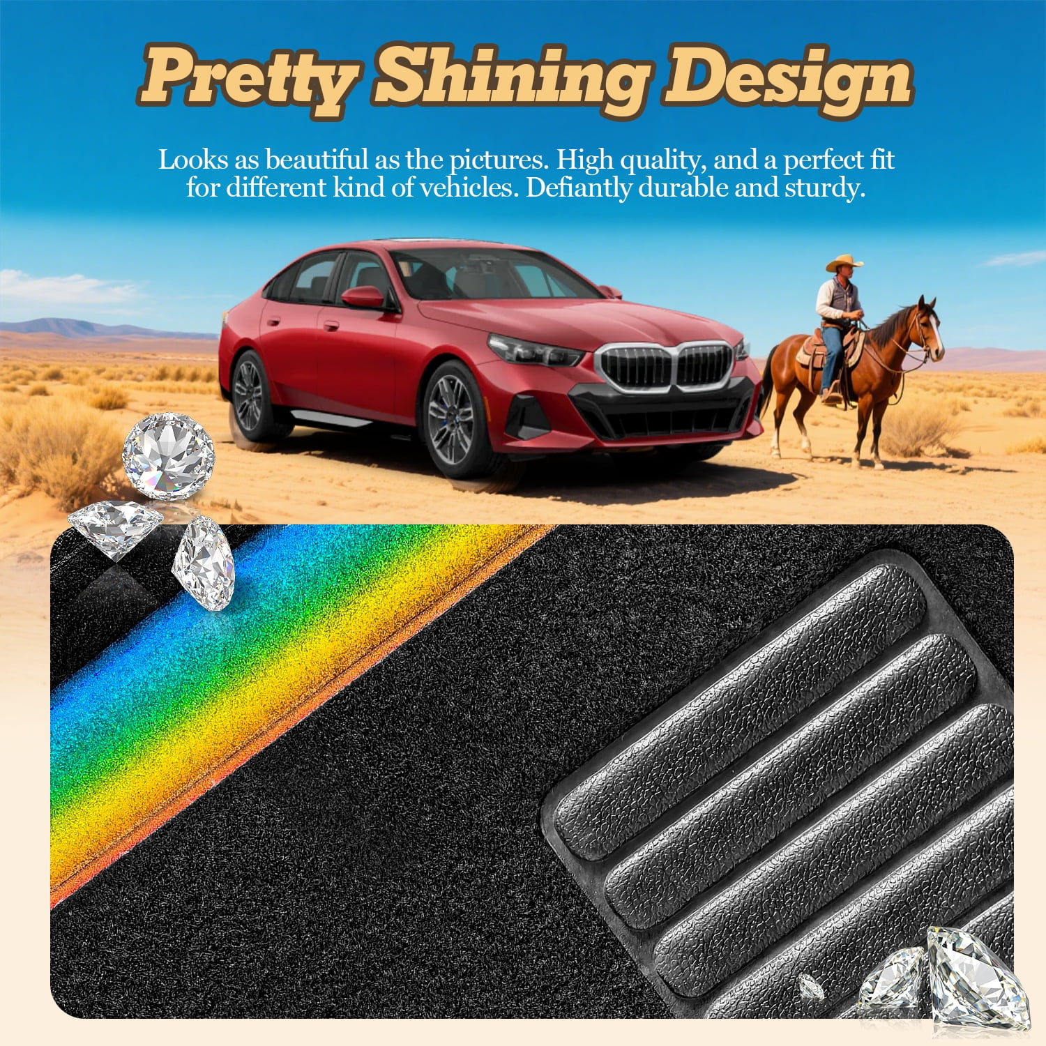 4 Pcs Bling Car Floor Mats with Holographic Rainbow Crystal, Universal Fit Carpet Liners for Women Girls, Non-Slip Waterproof (Black + Holographic Rainbow Crystal)