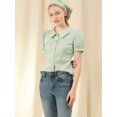 thumbnail image 3 of Blusa de manga abullonada floral con cuello en punta de camisa abotonada para mujer Verde M, 3 of 6