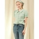 thumbnail image 3 of Blusa de manga abullonada floral con cuello en punta de camisa abotonada para mujer Verde M, 3 of 6
