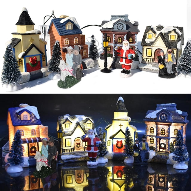 Christmas Decorations, Christmas Village Sets 10Pcs/Set Light Up Miniature Winter Christmas Village Simulation Resin Decorative Christmas Town Village Sets, No Battery