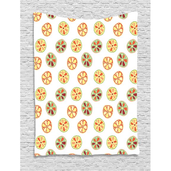 Lemons Tapestry, Childish Colored Hand Drawn Slices of Lime Orange and Grapefruit, Wall Hanging for Bedroom Living Room Dorm Decor, 40W X 60L Inches, Pale Green Yellow Vermilion, by Ambesonne