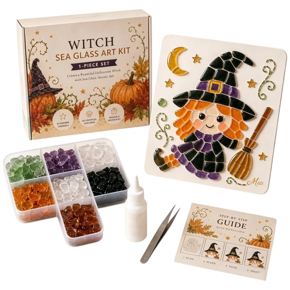 Sea Glass Art Kit Mosaic Art for Adults, Halloween Witch 5.91 Inch DIY Mosaic Kit with Colorful Pieces Glue and Tweezers, Spooky Craft Home Decor
