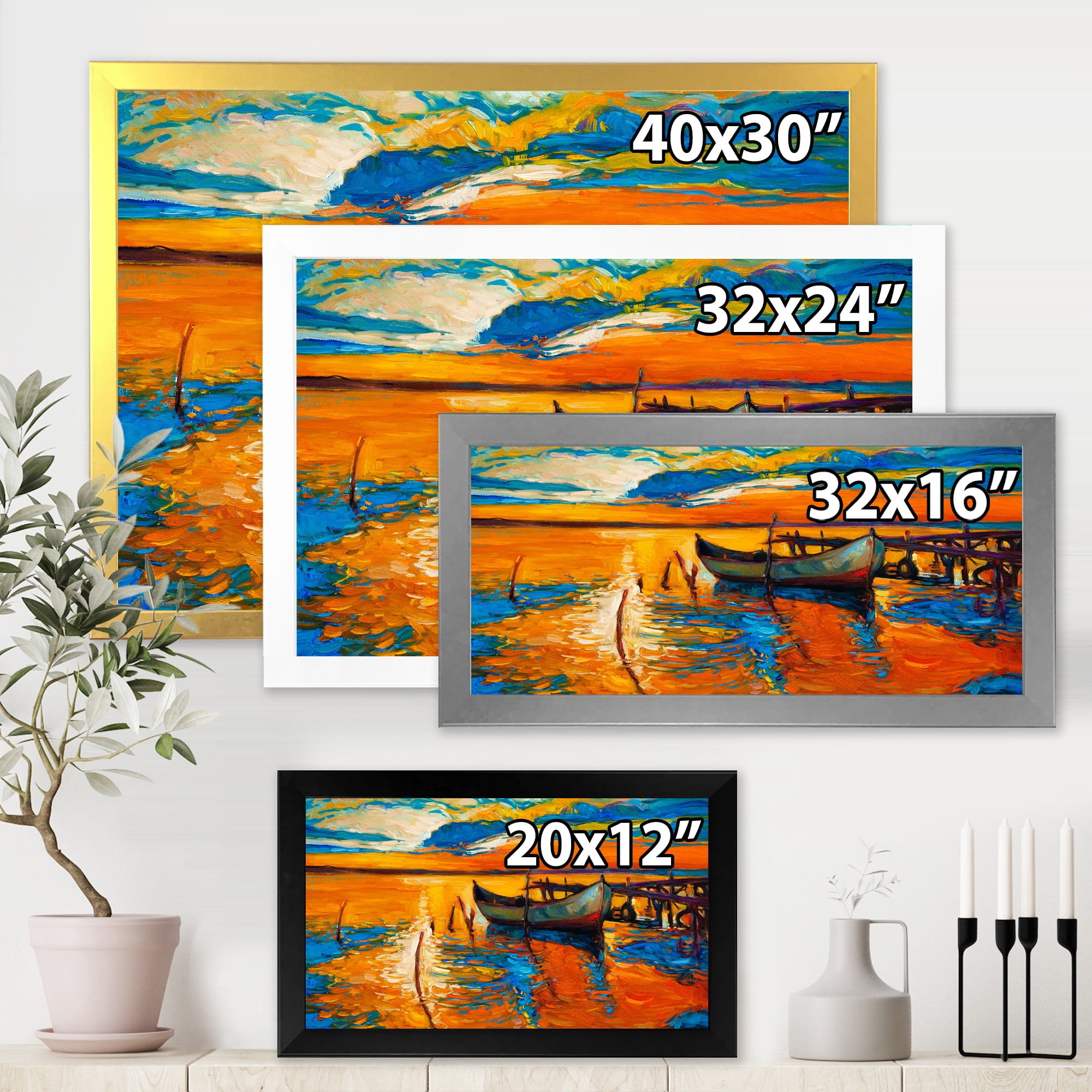 Designart 'Boat At The Lake During Evening Glow VII' Nautical & Coastal Framed Art Print