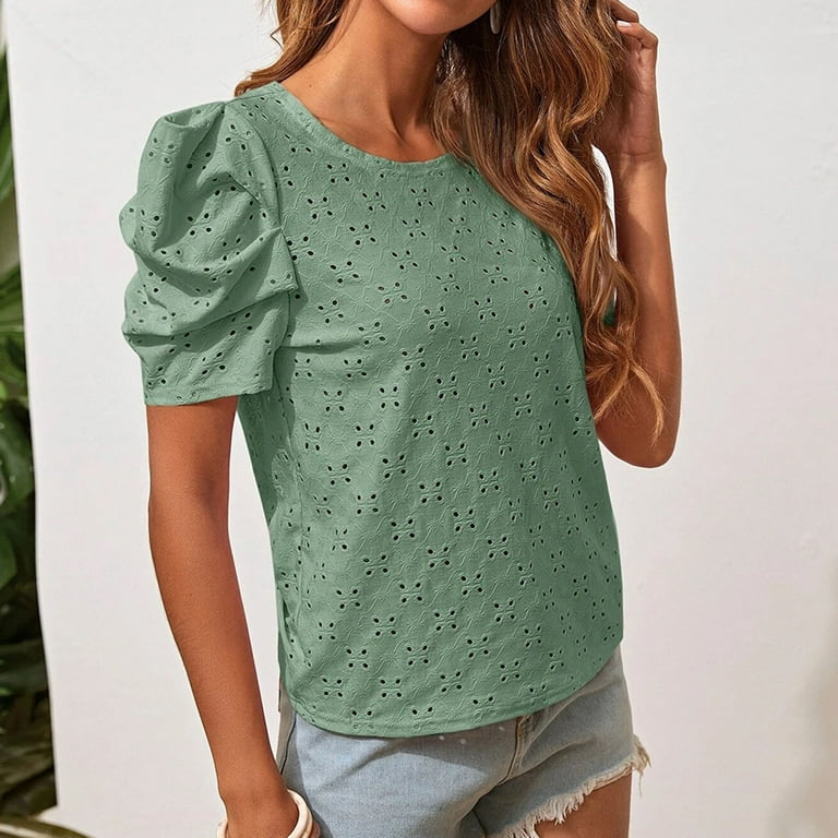 JWZUY Puff Sleeve Shirts Crewneck Short Sleeve Blouse Discount Glamorous  Tees Fancy Tshirts Classic Tunic Womens Solid Hollow Lace Tops Green M
