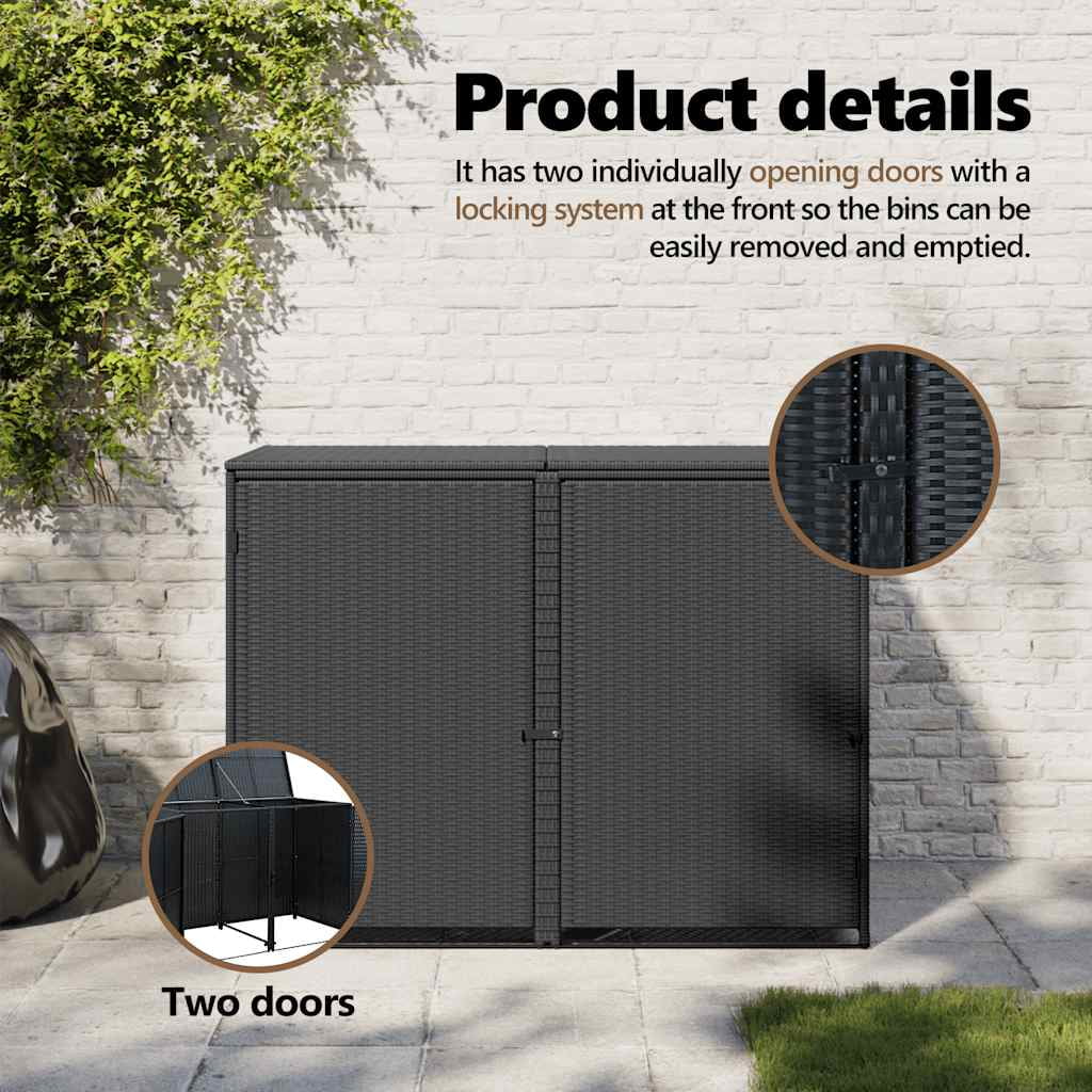 vidaXL Double Wheelie Bin Shed with Lid and Lockable Doors, Poly Rattan 31.5"x58.3"x43.7"