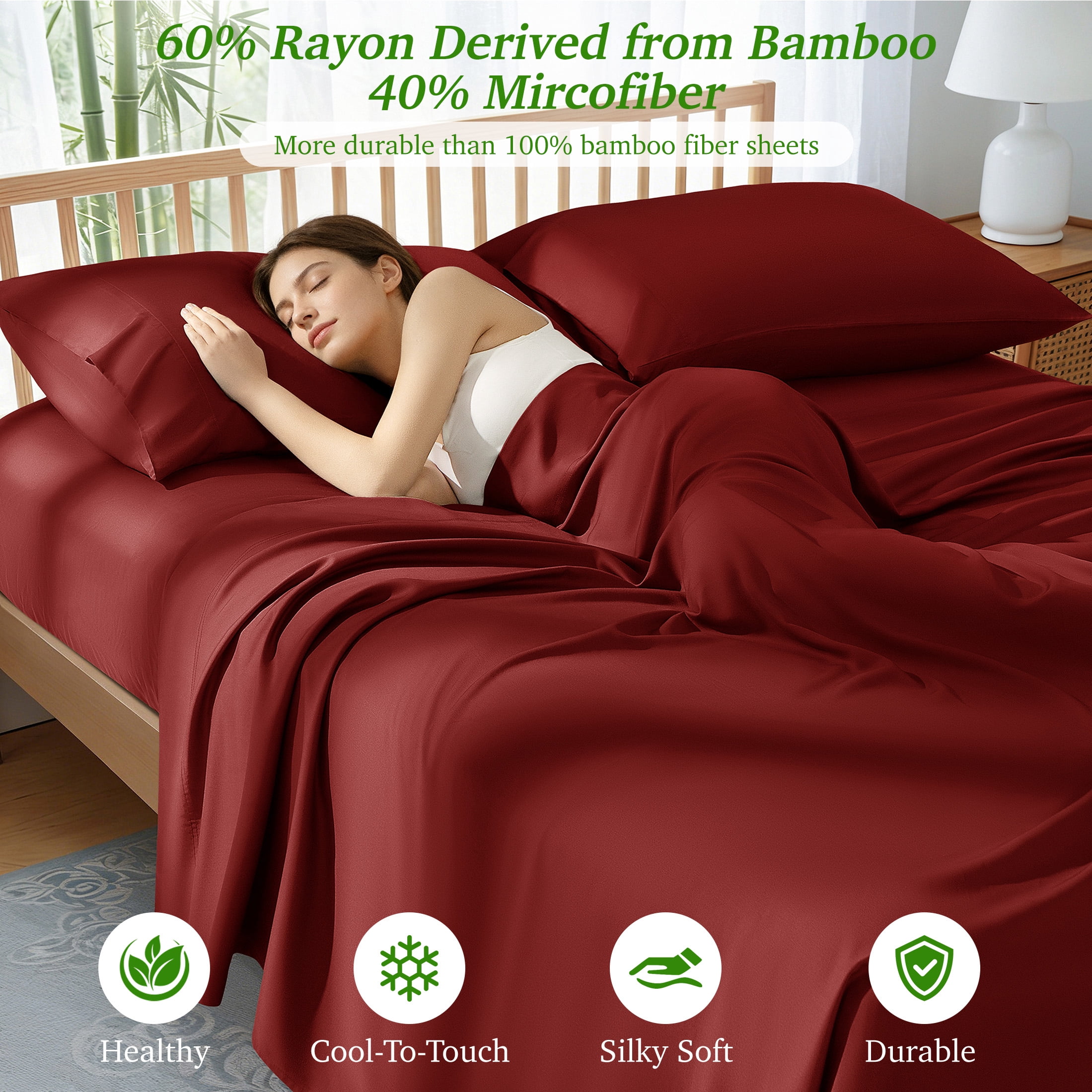 AiAngu Bamboo California King Sheet Set, Luxury Soft 4 Pieces Bed Sheets with 18" Deep Pocket, Burgundy