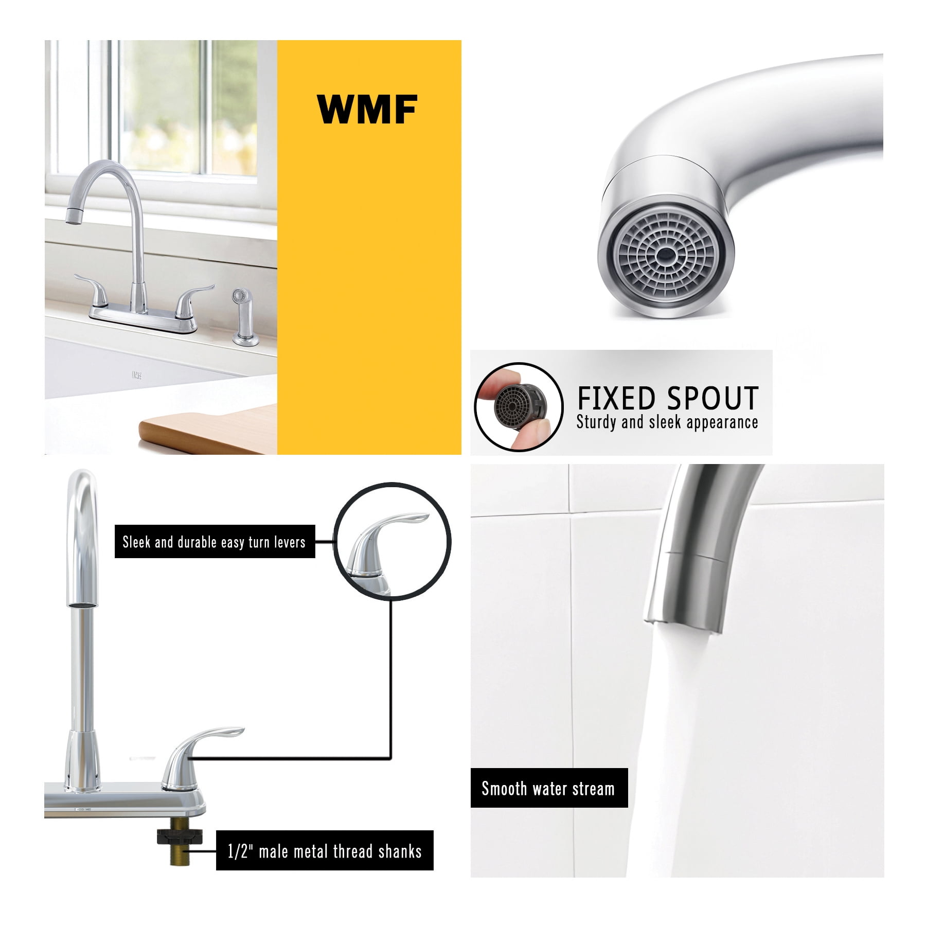 WMF-8235GNZMLP-CP - Hybrid Metal Deck Kitchen Sink Faucet 360 Degree Swivel High Spout Washerless Cart.Double Handle with Side Spray