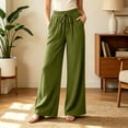 thumbnail image 2 of Women's Cotton Spandex Wide Leg Pants, Elastic Drawstring High Waist, Loose Soft Pockets, Casual Summer Beach Travel Lounge, Flowy Trousers | VerBelle,Army Green L, 2 of 7