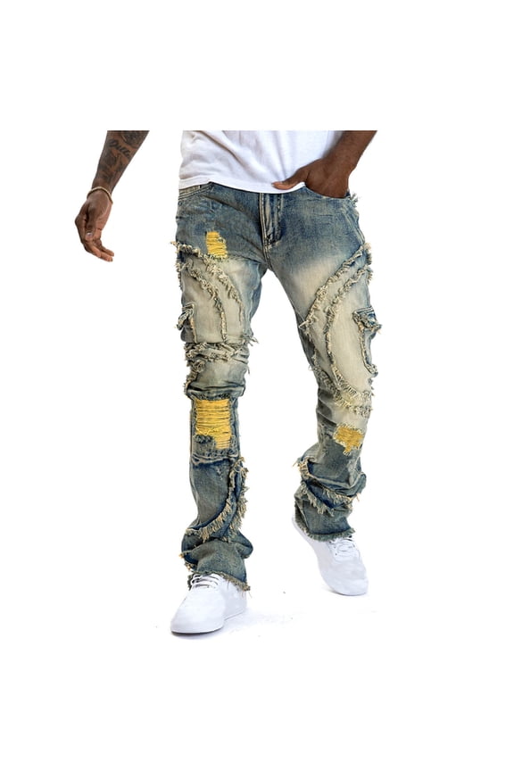 Men's Designer Straight Slim Fit Patchwork Ripped Distressed Jeans Comfort Skinny Biker Denim Pants Bootcut Stacked Jeans Yellow