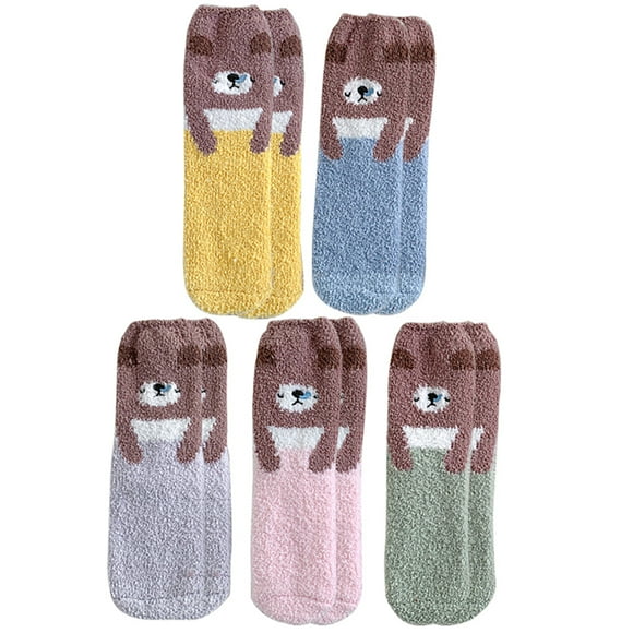 Sleeping Socks Fuzzy Bear 5 Pairs Cartoon Slipper Socks Winter Socks for Ladies