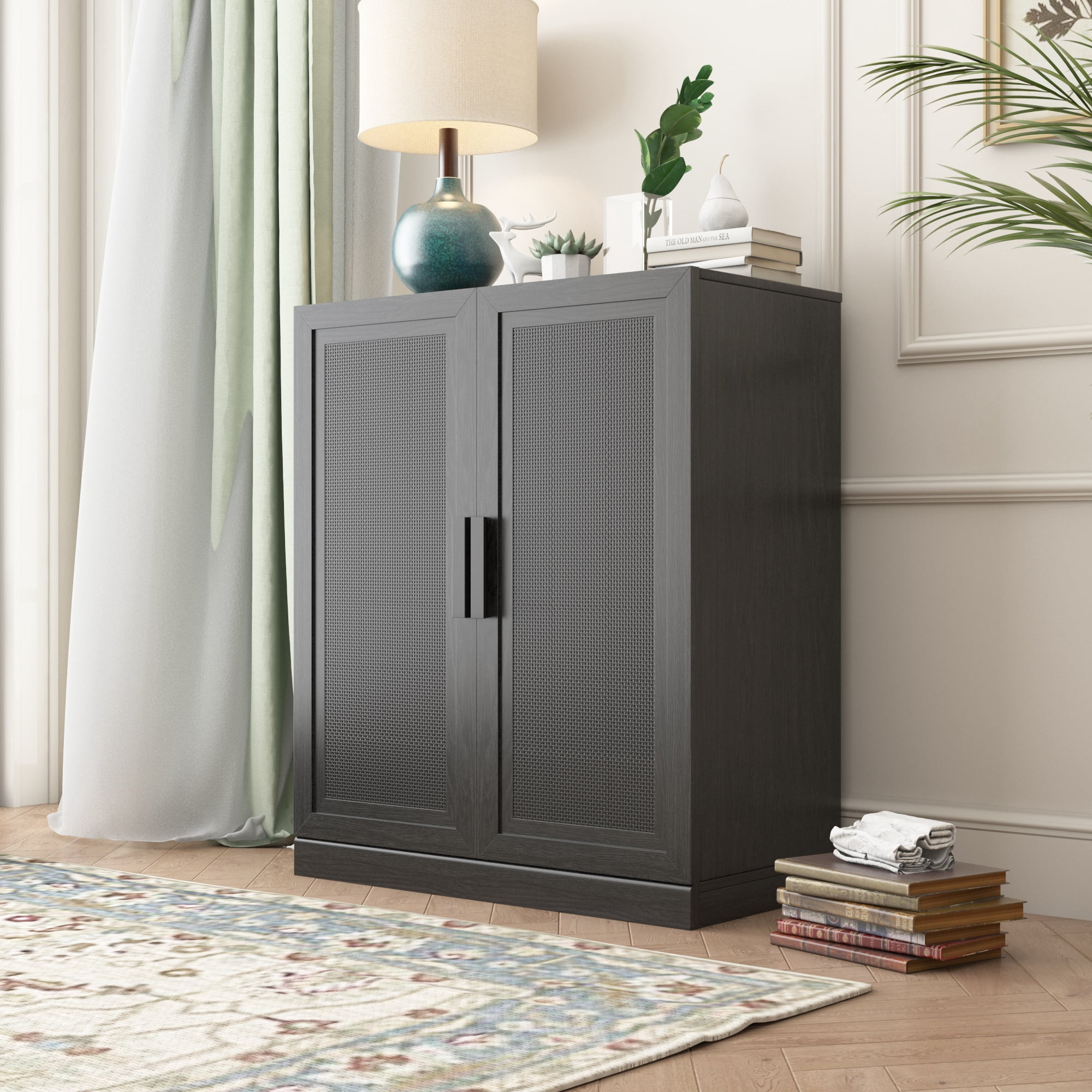 MAYEERTY 36"×31"×16" Black Wood-Grain Storage Cabinet - Rattan Woven Doors, Spacious for Living Room