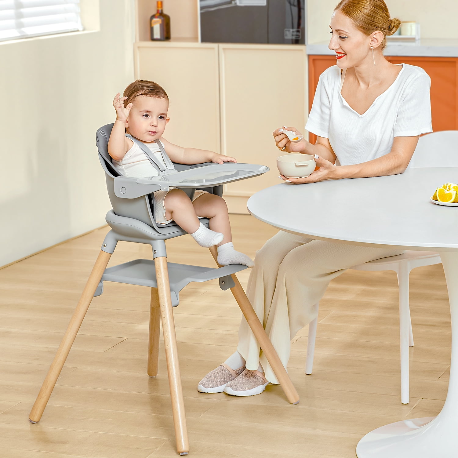 11-in-1 Convertible High Chair for Baby, Wooden Baby Booster seat & Toddler Chair with Double Tray, Clean Easily & PU Cushion.White