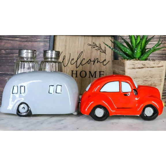 Kissing Red Vintage Car And Grey Camper Trailer Magnetic Salt And Pepper Shakers