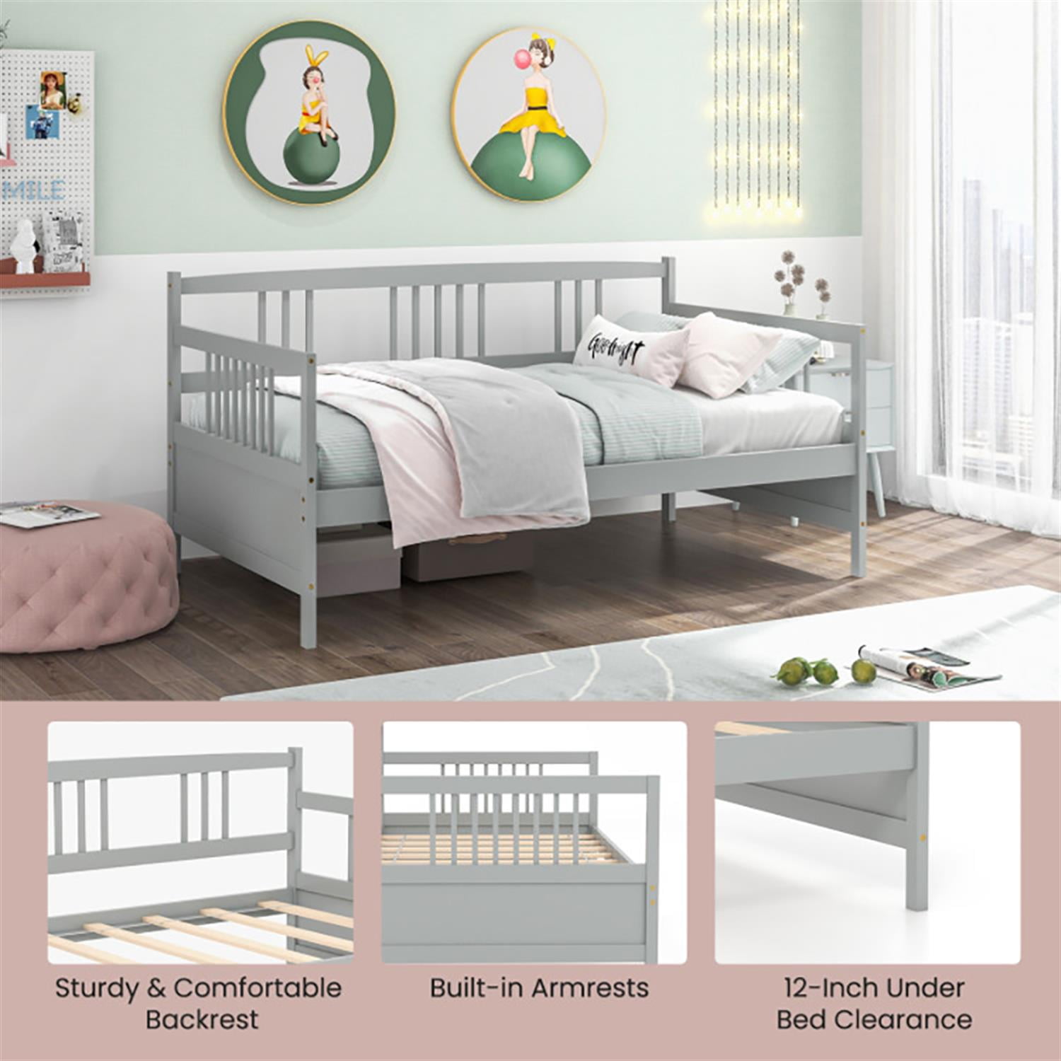 Demi Bonn Twin Size Wooden Slats Daybed Bed with Rails, Modern Bed Frame for Teens, Gray