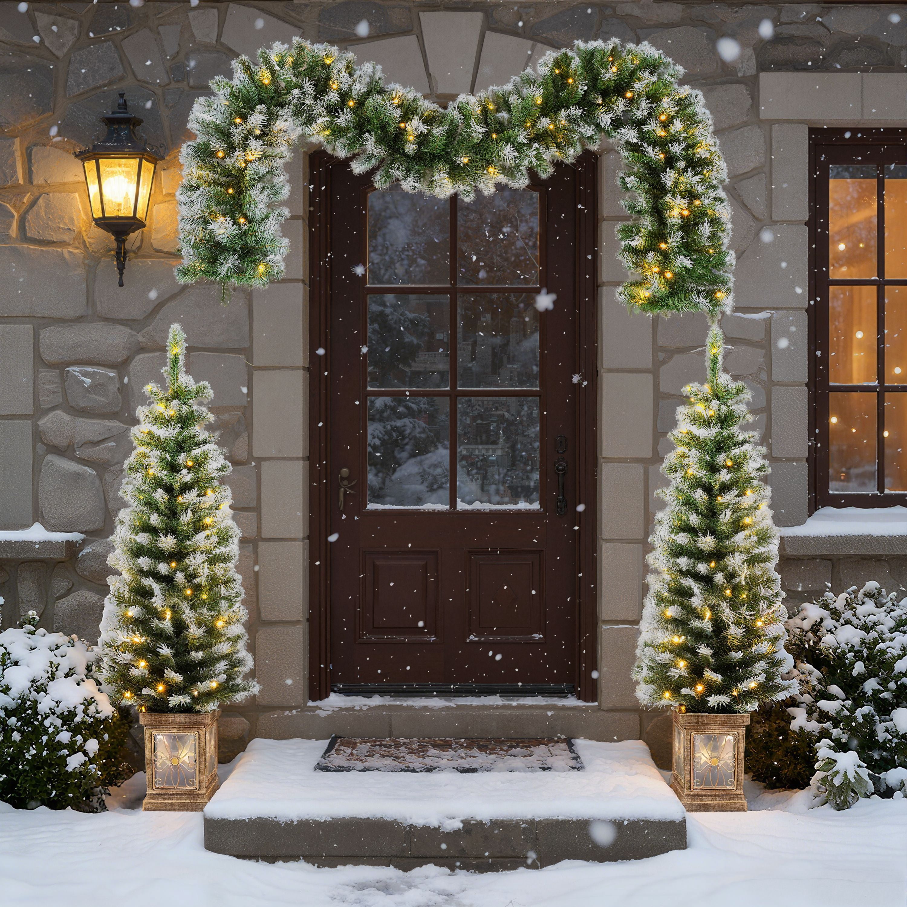 3-Piece Set Artificial Christmas Wreath and Set of 2 Entrance Trees X-mas with LED Lights