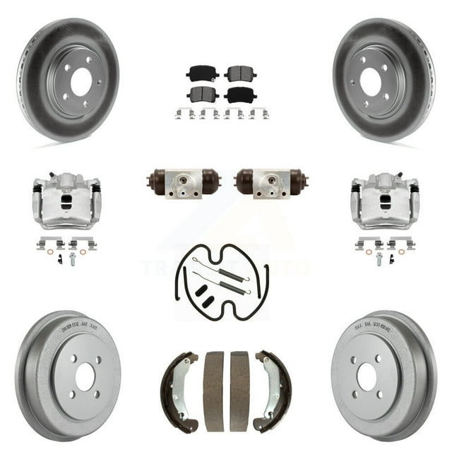 Transit Auto Front Rear Disc Brake Caliper Coated Rotors Drums Semi-Metallic Pads Shoes Wheel Cylinders and Hardware Kit (11Pc) for Car 2006 Pontiac Pursuit 2.2L with Brakes KCG-100360S
