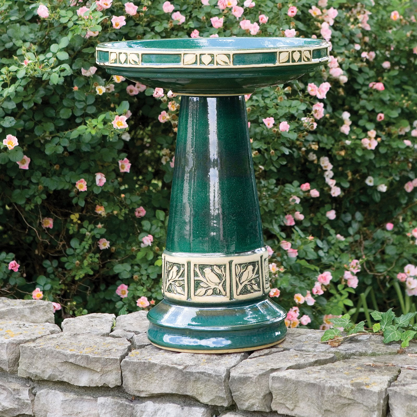 Burley Clay Zanesville Glazed Juniper Green Ceramic Birdbath by Backyard Nature Products Inc