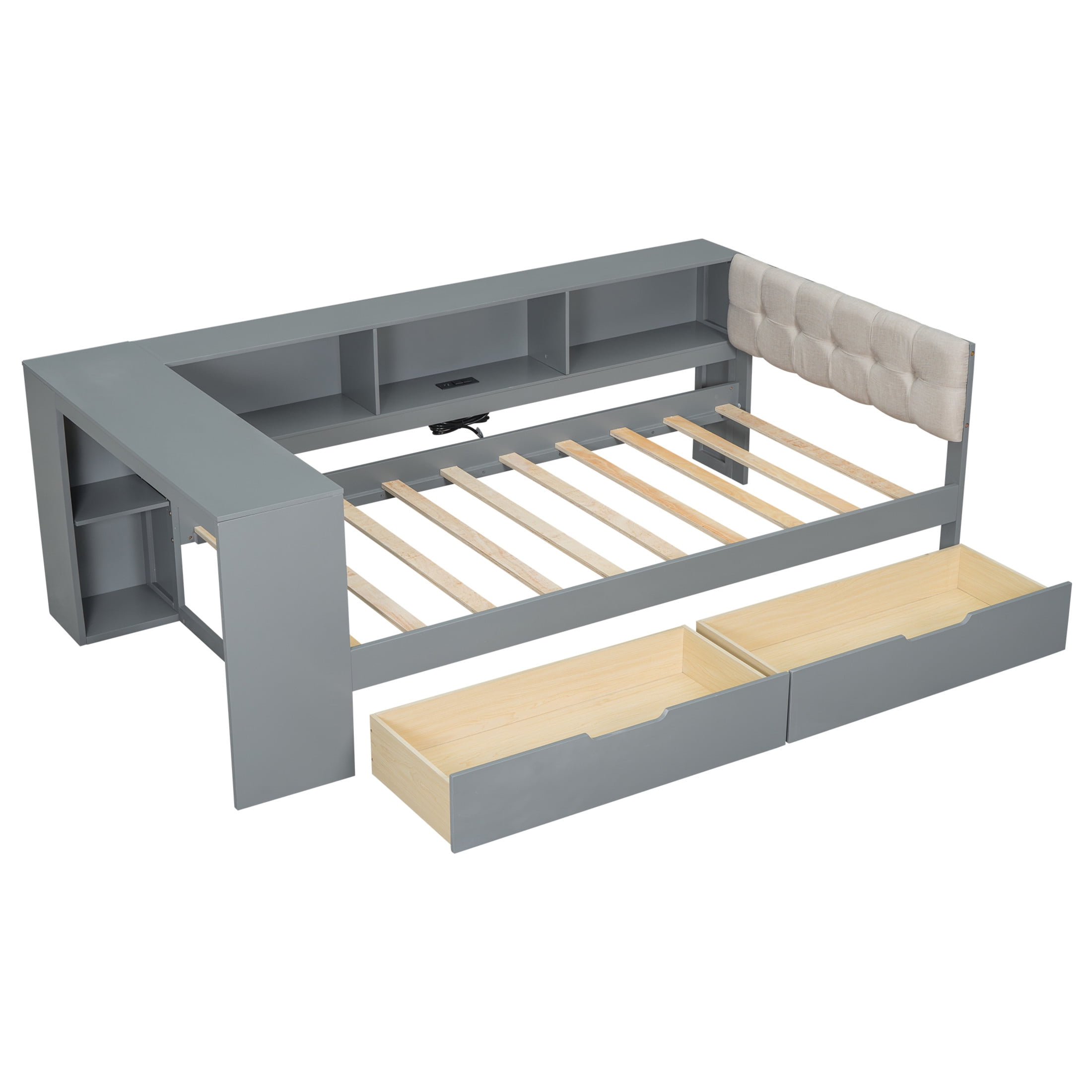 Noble House Udolf Twin Platform Bed with Upholstered Headboard, Storage Shelves and Drawers, Charging Station, Gray