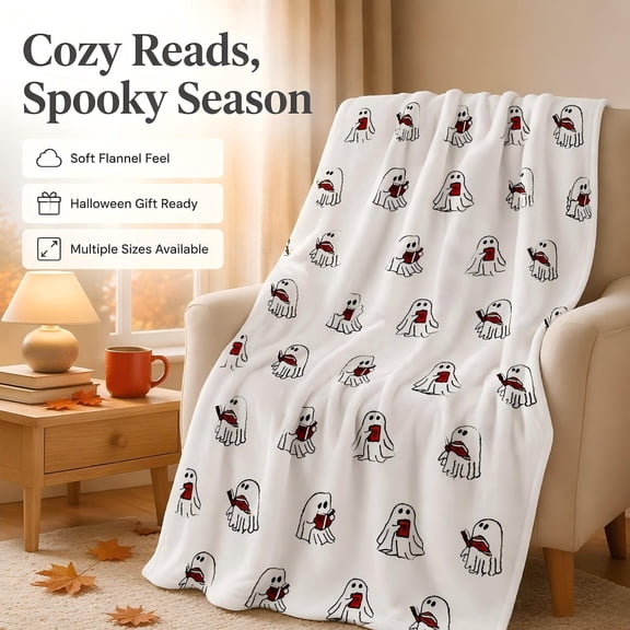 Ghost Reading Blanket, 2026 New Halloween Ghost Reading a Book Throw Blanket, Cute Fall Knitted Blanket Gift for Spooky Season,27 x 40"