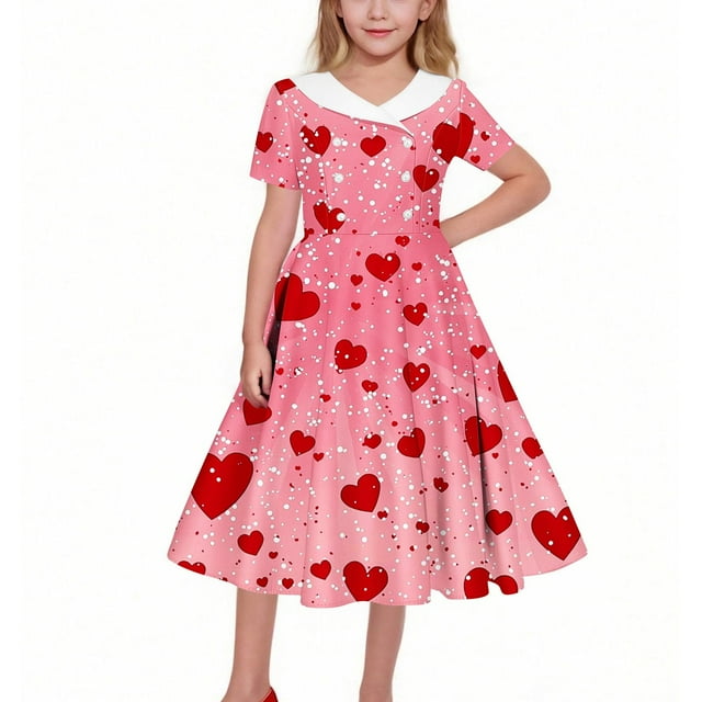 Vestido de manga corta con cuello vuelto para niñas Vestido elástico de manga corta para niñas Vestido skater con volantes de corte A Vestido de recital escolar Vestido de manga corta con cuello vuelt